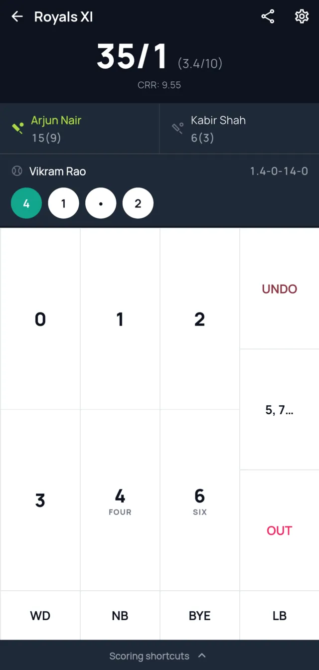 The GamesFolio scoring console during a live cricket match, showing 35 for 1 after 3.4 overs